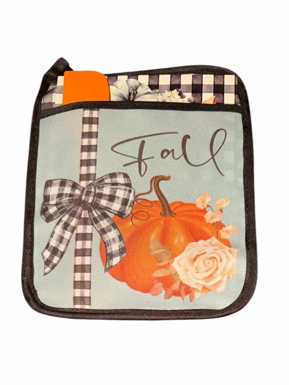 Fall Themed Pumpkin Pocket Pot Holder In Blue/Orange With Orange Spatula NWOT